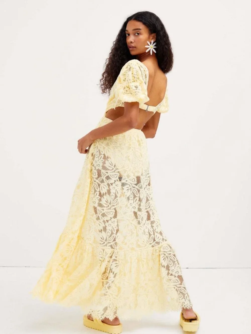 yellow lace dress for women self-portrait - Yellow Lace Satin Maxi Dress main image 1
